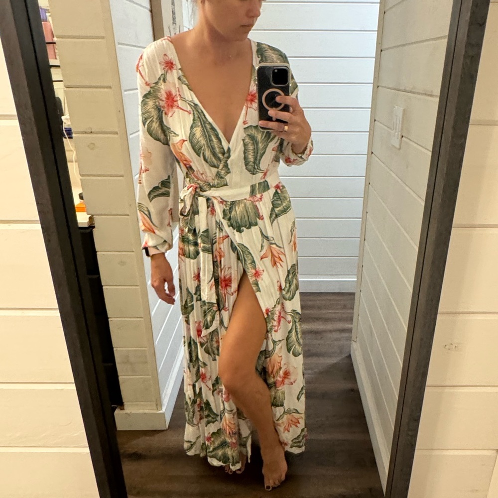 Roxy White Maxi Wrap Dress with Green Leaf & Coral Floral Print